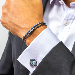 Icosahedron Beaded Bracelet In Rhodium Plated Silver With Sapphire And Grey Hematite