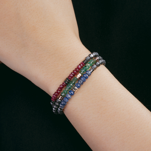 Icosahedron Beaded Bracelet In Rose Gold Plated Silver With Emerald & Grey Hematite