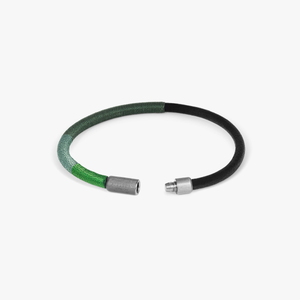 Rainbow Pop bracelet in black leather and green thread wrap with black rhodium plated silver