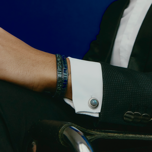 Mosaic Bracelet In IP Black Plating With Blue Glass Beads