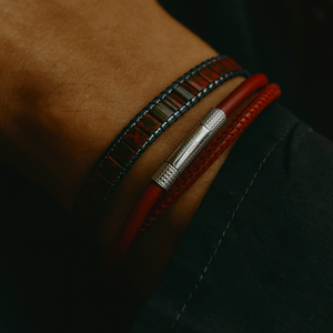 Mosaic Bracelet In IP Black Plating With Red Glass Beads