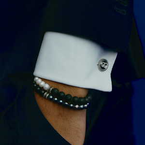 Gear Trio Bracelet In Ruthenium Plated Silver With Wood Beads & White Pearls
