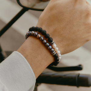 Gear Trio Bracelet In Ruthenium Plated Silver With Wood Beads & White Pearls