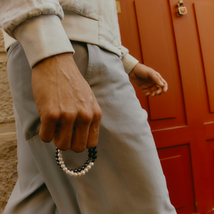 Gear Trio Bracelet In Ruthenium Plated Silver With Wood Beads & White Pearls