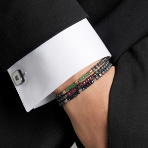 Icosahedron Beaded Bracelet In Rose Gold Plated Silver With Emerald & Grey Hematite