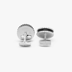 Round Skeleton Gear static cufflinks with black enamel in Palladium Plated