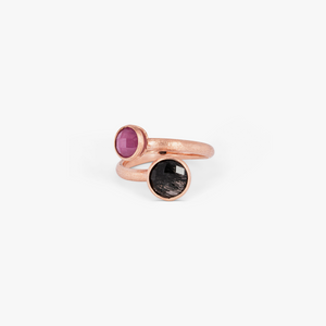 Kensington Ring In 14K Satin Rose God with Black Rutilated Quartz and Ruby Root