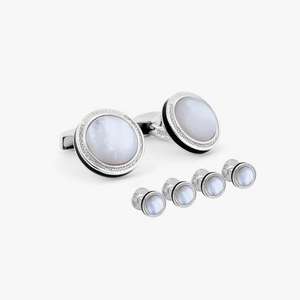 Signature Round Cufflinks and Stud Set in Rhodium Plated Silver with White MOP