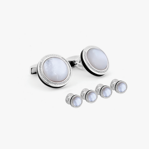 Signature Round Cufflinks and Stud Set in Rhodium Plated Silver with White MOP