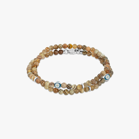 Evil Eye Beaded Bracelet In Rhodium Plated Silver with Botswana Agate