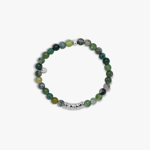 Classic Discs Beaded Bracelet In Rhodium Plated Silver With Green Moss Agate