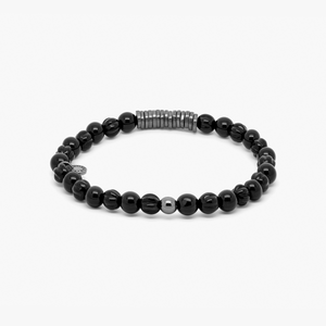 Classic Discs Beaded Bracelet With Black Agate In Black Ruthenium