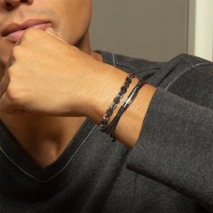 Ruthenium plated sterling silver Gear Click bracelet with black leather