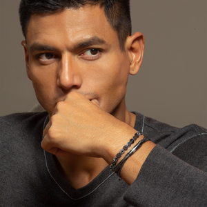 Ruthenium plated sterling silver Gear Click bracelet with black leather