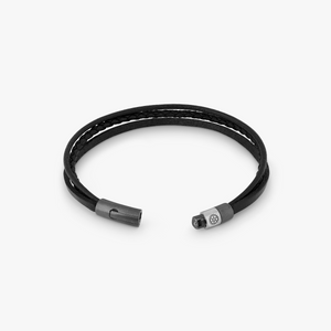 Ruthenium plated sterling silver Gear Click bracelet with black leather