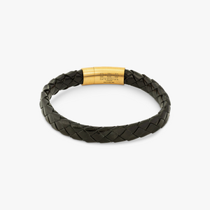 Graffiato Oval Leather Bracelet in Black with Yellow Gold Plated