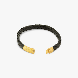 Graffiato Oval Leather Bracelet in Black with Yellow Gold Plated