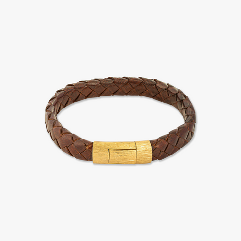 Yellow gold plated sterling silver Graffiato bracelet with brown leather
