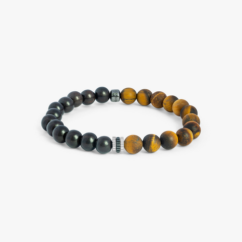 Gear Trio Beaded Bracelet In Rhodium Plated Silver With Ebony Wood & Brown Tiger Eye