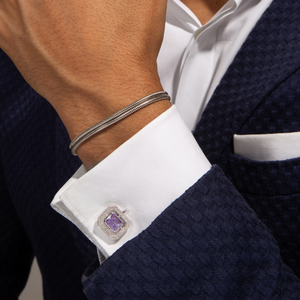 Halo Rectangular Cufflinks in Rhodium Plated with Lavender Cubic Zirconia