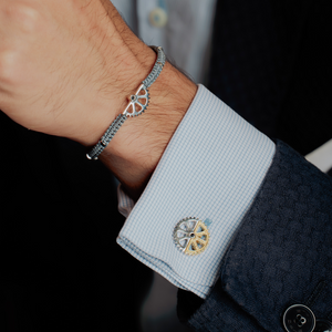 Puzzle Gear Cufflinks in Rhodium and Yellow Gold Plated with Black Spinel