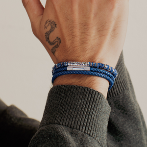 Giza Click Pelle Double Wrap Blue Leather Bracelet in Rhodium Silver