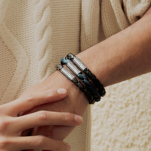 Maxi Pop Pelle Navy Blue Leather Bracelet in Rhodium Silver