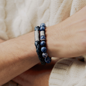 Maxi Pop Pelle Navy Blue Leather Bracelet in Rhodium Silver