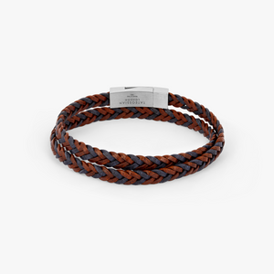 Herringbone Click Coda Di Volpe Pelle Leather Bracelet in Rhodium Silver with Blue and Brown