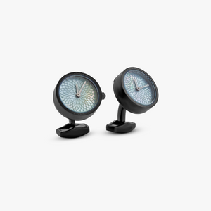 Guilloche Gear Cufflinks In Black IP Plated Stainless Steel with Black MOP