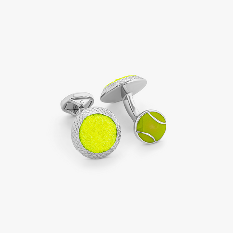 Tennis Ball Cufflinks In Palladium Plated With Green Enamel