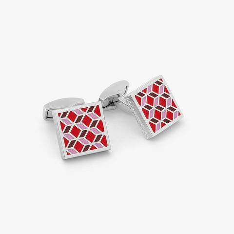 Geometric Cufflinks In Palladium Plated with red enamel