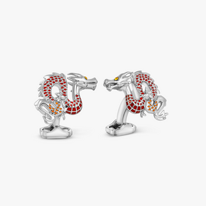 Year of the Dragon Cufflinks in White Bronze Plated with Red & Orange Enamel