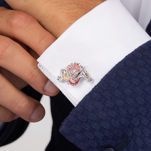 Year of the Dragon Cufflinks in White Bronze Plated with Red & Orange Enamel