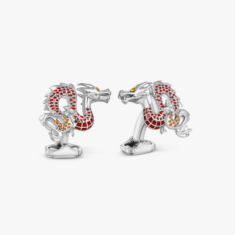 Year of the Dragon Cufflinks in White Bronze Plated with Red & Orange Enamel