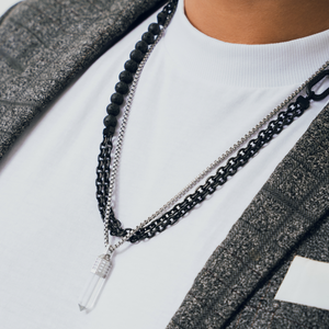 Dopamine Drop Necklace In White Stainless Steel and Clear Quartz