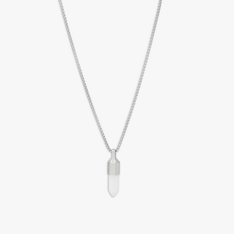 Dopamine Drop Necklace In White Stainless Steel and Clear Quartz