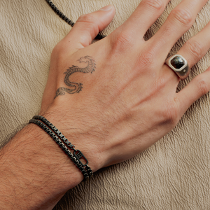 Doppione Signet Ring in Rhodium Silver with Grey Hematite