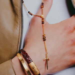 Capri Dagger Rosary Necklace In 18K Yellow Gold Plated Silver With Tiger Eye