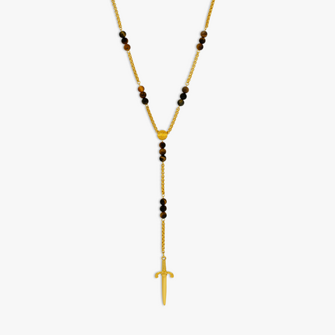Capri Dagger Rosary Necklace In 18K Yellow Gold Plated Silver With Tiger Eye