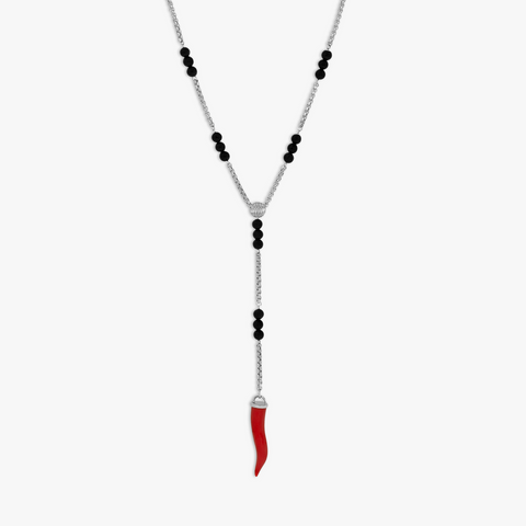 Capri Corno Necklace In Rhodium Plated Silver With Black Agate & Faux Coral