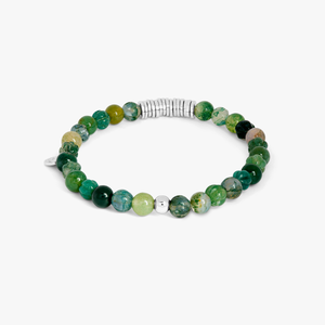Classic Discs Beaded Bracelet In Rhodium Plated Silver With Green Moss Agate