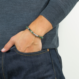 Classic Discs Beaded Bracelet In Rhodium Plated Silver With Green Moss Agate