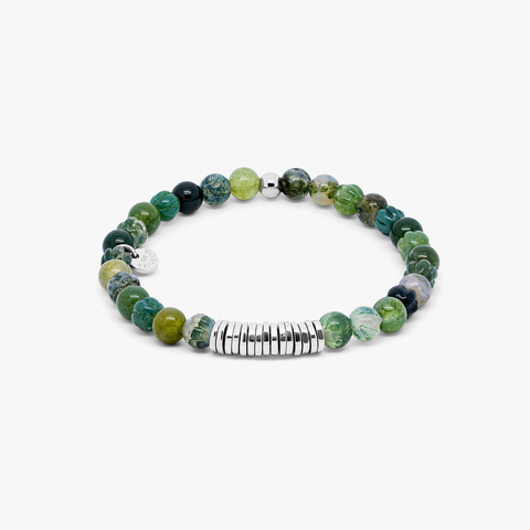 Classic Discs Beaded Bracelet In Rhodium Plated Silver With Green Moss Agate