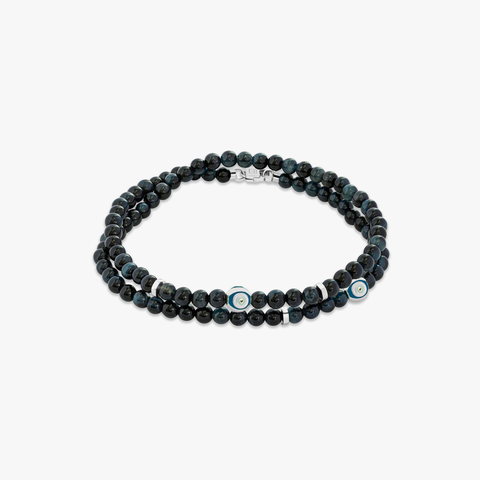 Evil Eye Beaded Bracelet In Rhodium Plated Silver with Blue Tiger Eye