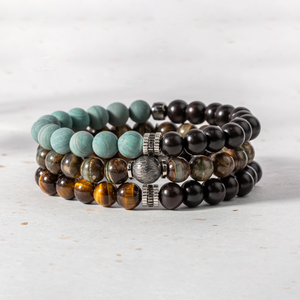 Gear Trio Beaded Bracelet In Rhodium Plated Silver With Ebony Wood and Green Jasper