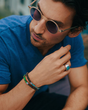 Nepal Gear Trio Beaded Bracelet In Rhodium Plated Silver With Blue Jasper & Coconut Wood 