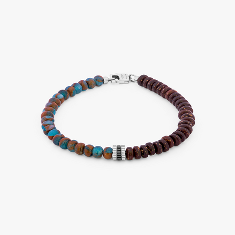 Nepal Gear Trio Beaded Bracelet In Rhodium Plated Silver With Blue Jasper & Coconut Wood 