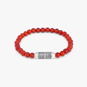 Lucky Me Beaded Bracelet In Rhodium Plated Silver With Red Carnelian