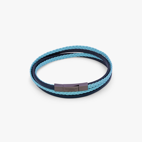 Blaues Sterlingsilber-Leder-Mini-Klick-Fettucine-Armband